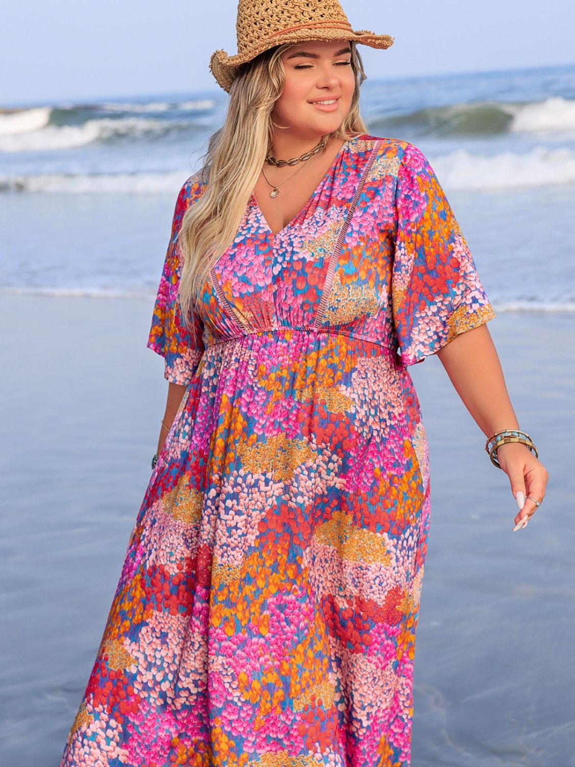 Plus Size Slit Printed Half Sleeve Dress