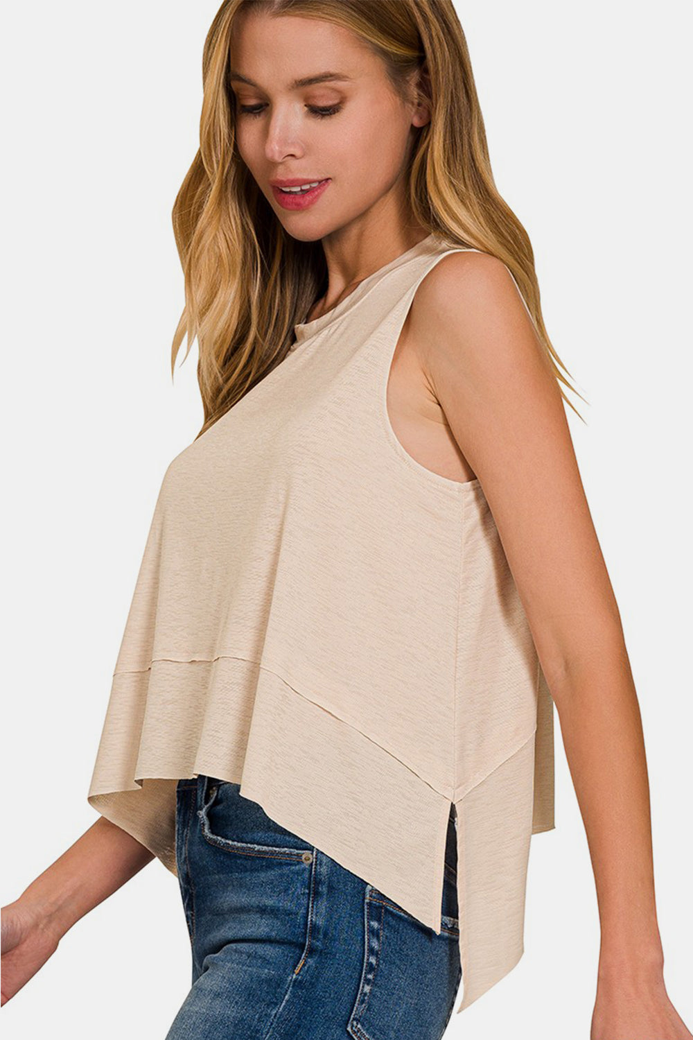 Zenana Exposed Seam Slit Round Neck Tank