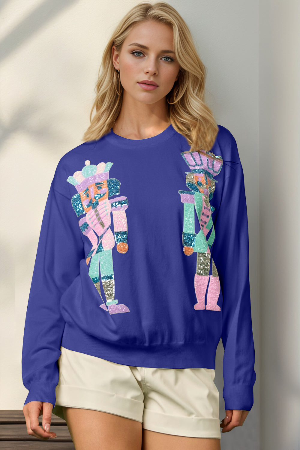 Double Take Full Size Sequin Nutcracker Long Sleeve Sweater